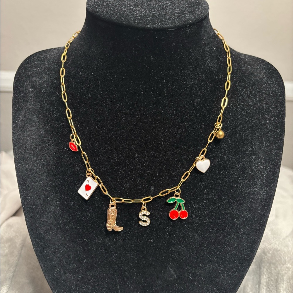 Multiple Charm Necklace with Red and White Accents